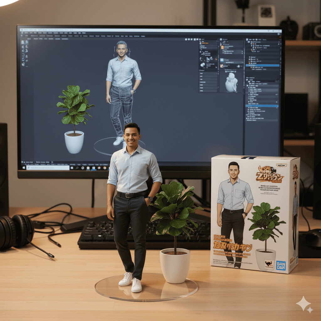 Realistic figurine on a computer desk, with a 3D modeling process on screen and toy packaging.