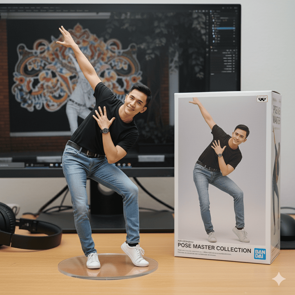 Realistic figurine of a man in a dynamic pose, displayed on a computer desk with its 3D model on screen and packaging.