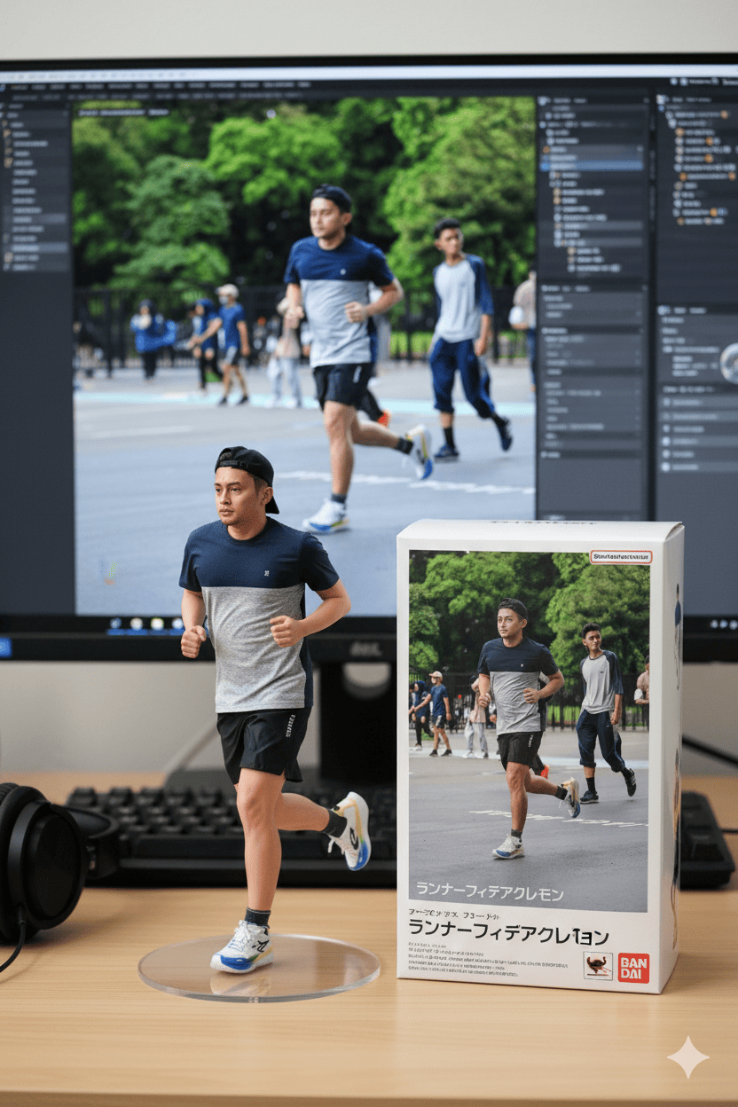 Realistic running figurine on a computer desk, with a 3D modeling process on screen and toy packaging.
