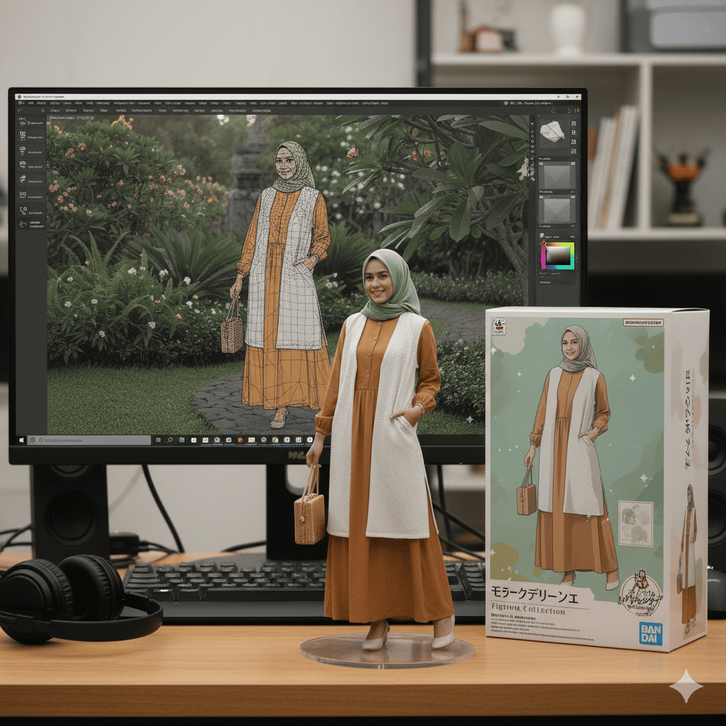 Realistic figurine of woman in hijab on computer desk, with 3D modeling on screen and toy packaging.