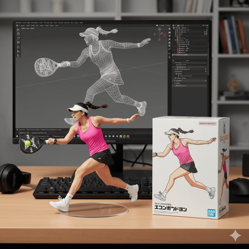 Realistic female padel player figurine on a desk, with a 3D wireframe model on screen and toy packaging.