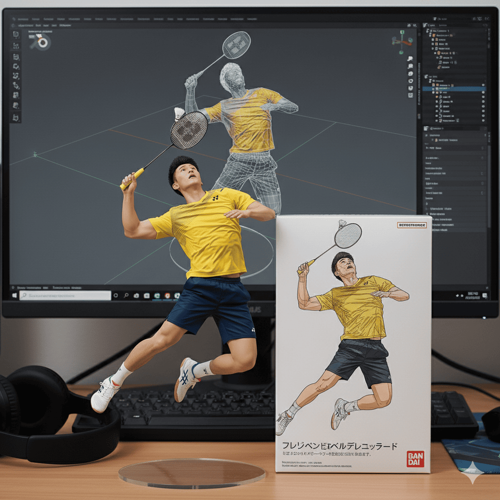 Figurine of a badminton player in a jump smash pose, displayed on a desk with its 3D model and packaging.